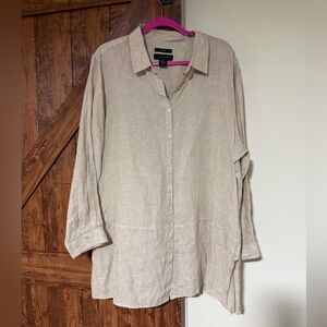 Tahari Women 100% Linen  Roll Tab Sleeve Tunic Shirt Beige 2X
